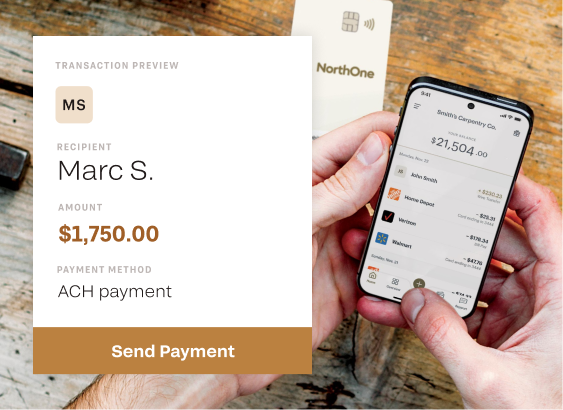 NorthOne MasterCard card with iPhone displaying move money options