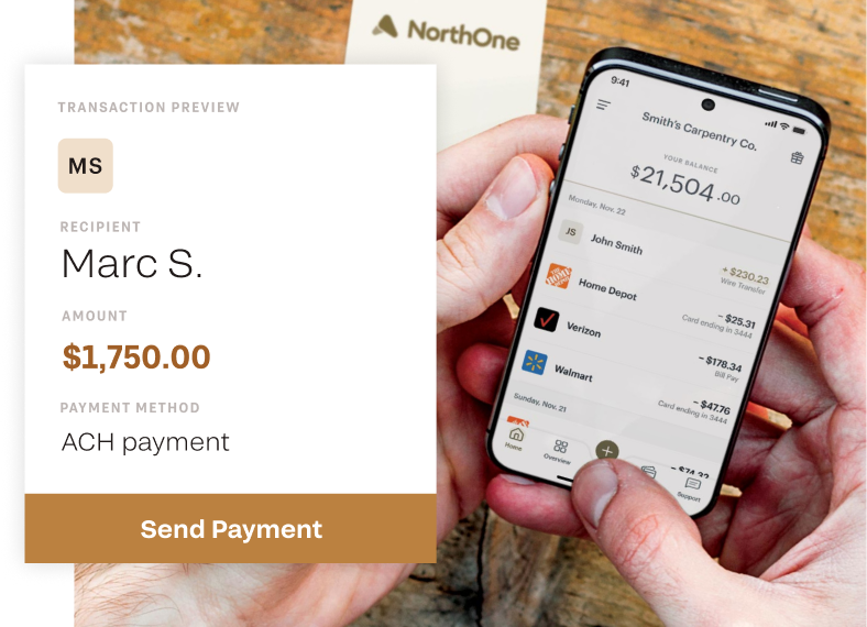 NorthOne MasterCard card with iPhone displaying move money options